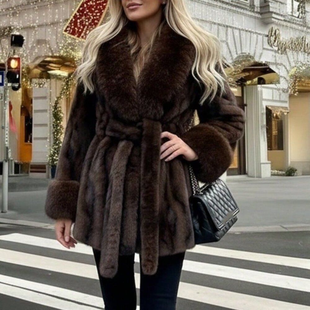 Coffee Brown Women's Christmas Faux Fur Long Sleeve Coat - Picture 6 of 7